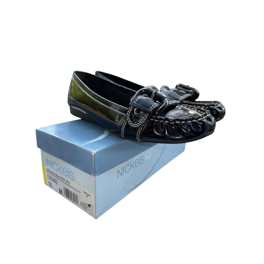 Nickels Ariana Buckle Loafer Black Faux Patent Thick Stitch Moc Toe Size 10M
